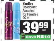 Yardley Deodorant Assorted For Females-90ml Each