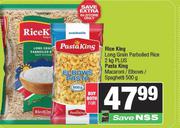 Rice King Long Grain Parboiled Rice 2Kg + Pasta King Macaroni/Elbows/Spaghetti 500g-For Both