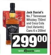 Jack Daniel's No.7 Tennessee Whisky 750ml & Coca Cola Cans 6 x 200ml