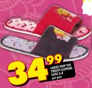 Ladies Peep Toe Tweety Slippers Sizes 3-8 Per Pair