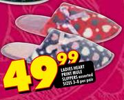 Ladies Heart Print Mule Slippers Sizes 3-8 Per Pair