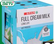 Spar UHT Long Life Milk Full Cream,  Low Fat Or Fat Free-6 x 1L