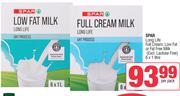 Spar Long Life Full Cream, Low Fat Or Fat Free Milk (Excl. Lactose Free) 6 x 1Ltr-Per Pack