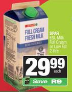 Spar ESL Milk Full Cream r Low Fat-2Ltr Each