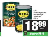 Koo Mixed Vegetables Or Creamstyle Sweetcorn-410g