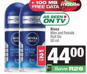 Nivea Men And Female Roll On-For 2 x 50ml