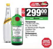 Tanqueray London Dry Gin Flor De Sevilla Or Blackcurrant Royale Distilled Gin 750ml & Schweppes 1L