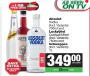 Absolut Vodka 750ml & Luckybird Cocktail Mixer 750ml & Schweppes 1L-For All