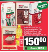 Spar Cake Flour 2.5Kg,Parboild Rice 2Kg,Brown Sugar 2Kg,Maize Meal 2.5Kg & Cooking Oil 750ml-For All