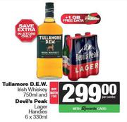 Tullamore D.E.W Irish Whisky 750ml & Devil's Peak Lager Handies 6 x 330ml-Both For