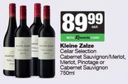 Kleine Zalze Cellar Selection Cab Sauv/Merlot,Pinotage Or Cabernet Sauvignon-750ml Each