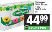 Twinsaver Toilet Tissue 1 Ply 500 Sheets 8s Pack-Per Pack