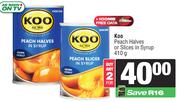 Koo Peach Halves Or Slices In Syrup-For Any 2 x 410g