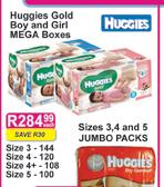 Huggies Gold Boy & Girl MEGA Boxes Size 3-144's/Size 4-120's/Size 4+ 108's/Size 5-100's Each