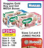 Huggies Gold Boy & Girl MEGA Boxes Size 3-144's/Size 4-120's/Size 4+ 108's/Size 5-100's Each