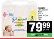 Johnson's Extra Sensitive Wipes 224s Or Gentle All Over Wipes 288s-Per Pack