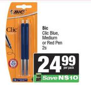 Bic Clic Blue, Medium Or Red Pen-2s Per Pack