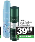 Yardley Aerosol Body Spray For Men 125ml Or Women 90ml