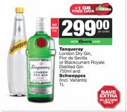 Tanqueray London Dry Gin Flor De Sevilla Or Blackcurrant Royale Distilled Gin 750ml & Schweppes 1L