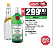 Tanqueray London Dry Gin Flor De Sevilla Or Blackcurrant Royale Distilled Gin 750ml & Schweppes 1L