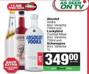 Absolut Vodka 750ml & Luckybird Cocktail Mixer 750ml & Schweppes 1L-For All