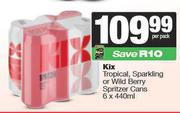 Kix Tropical, Sparkling Or Wild Berry Spritzer Cans-6 x 440ml Per Pack