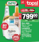 Don Julio Blanco Tequila 750ml & Luckybird Cocktail Mixer 750ml & Schweppes 1L-For All