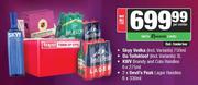 Skyy Vodka 750ml+Du Toitskloof 3L+KWV Brandy & Cola Handies 6x275ml+Devils Peak Handies 2x6x330ml