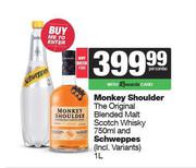 Monkey Shoulder The Original Blended Malt Scotch Whisky 750ml & Schweppes 1L-For Both