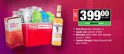 Rain Dance 1L+Castle Lite Cans 6x410ml+Mainstay Spirit Cooler Cans 6x440ml+Captain Morgan Rum 750ml