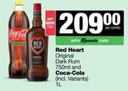 Red Heart Original Dark Rum 750ml & Coca Cola 1L-Both For
