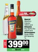 Aperol Aperitivo Liqueur 750ml & Cinzano Pro Spritz Dry 750ml & Schweppes Soda Water 1L-For All