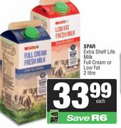 Spar Extra Shelf Life Milk Full Cream Or Low Fat-2Ltr Each