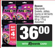 Beacon Maynards Sweets, Jellies, Gums Or All Sorts Mini Liquorice Assorted-For 4 x 40g/75g
