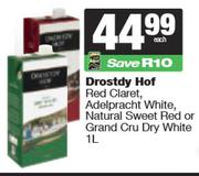 Drostdy Hof Red Claret, Adelpracht White, Natural Sweet Red Or Grand Cru Dry White-1Ltr Each