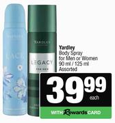 Yardley Body Spray For Men Or Women Assorted-90ml/125ml Each