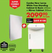 New Lorna White Free-Standing Cabinet & Basin 450mm + Mirror Cabinet 300mm Combo-Per Combo