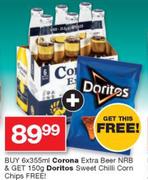 Corona Extra Beer NRB 6X355ml+Free Doritos Sweet Chilli Corn Chips 150g