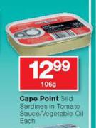 Cape Point Sild Sardiness In Tomato Sauce/Vegetable Oil-106g Each