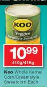 Koo Whole Kernel Corn/Creamstyle Sweetcorn-410g/415g Each