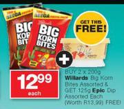 Willards Big Korn Bites 2x200g With Free Epic Dip 125g