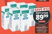 Housebrand UHT Long Life Full Cream/Fat Free/Low Fat Milk-For 6 x 1Ltr