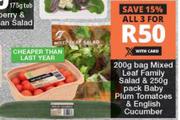 200g Bag Mixed Leaf Family Salad & 250g Pack Baby Plum Tomatoes & English Cucumber-For 3