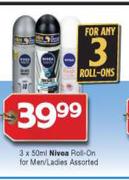 Nivea Roll On For Men/Ladies Assorted-3 x 50ml