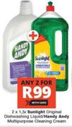 Sunlight Original Dishwashing Liquid/Handy Andy Multipurpose Cleansing cream-For Any 2 x 1.5Ltr