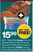 Sasko Low GI Seeded Brown/Oats & Honey Flavoured White Bread 700g/800g-Each