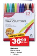 MonAmi Retractable Wax Crayons-12 Pack Per Pack