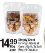 Simply Great Biltong/Cheese & Onion/Garlic & Salt/Bretzel Croutons-60g Each