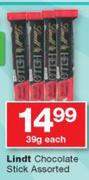 Lindt Chocolate Stick-39g Each