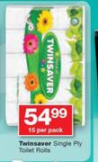 Twinsaver Single Ply Toilet Rolls-15 Per Pack